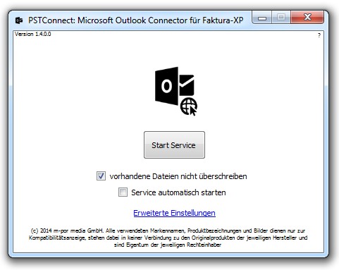 Oberfläche des Outlook Connector-Services