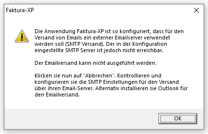 Warnhinweis, wenn der SMTP-Server ist nicht konfiguriert ist