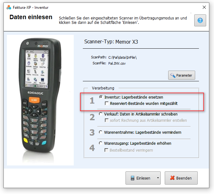 Inventur mit MDE Speicherscanner in Faktura-XP Warenwirtschaft