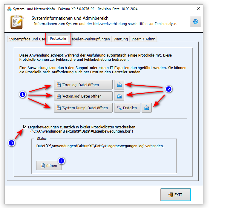 Protokoll der Fehleraufzeichnung und Protokoll der Systemaktionen in Faktura-XP Warenwirtschaft