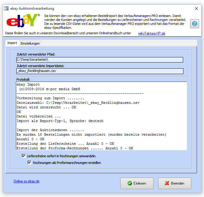 Import von ebay Verkaufszahlen