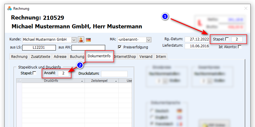 Anzahl für den Stapeldruck in Rechnungen - Faktura-XP Warenwirtschaft