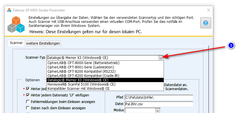 Parameter für die Auswahl eines MDE Gerätes mit RS-232 Schnittstelle in Faktura-XP Warenwirtschaft