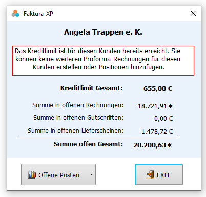 Anzeige des Kreditlimits eines Kunden in Faktura-XP Warenwirtschaft