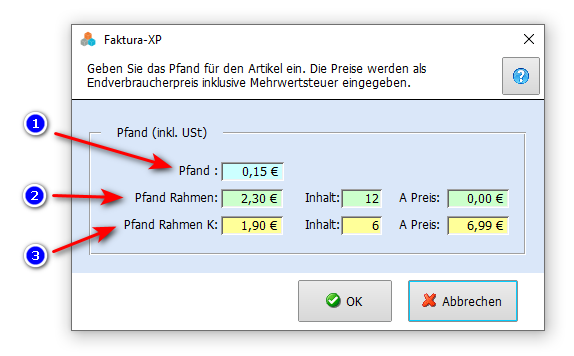 Pfandeingabe im Artikel von Faktura-XP Warenwirtschaft