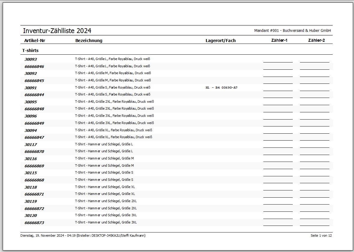 Inventur-Zählliste in Faktura-XP Warenwirtschaft