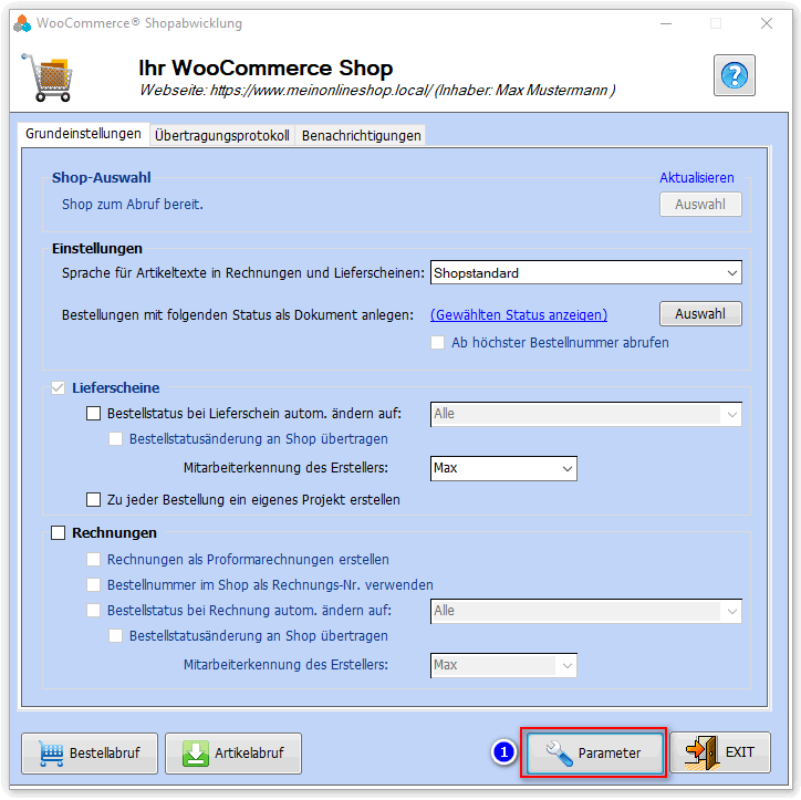 Öffnen der Parameter in Übersicht Schnittstelle WooCommerce in Faktura-XP Warenwirtschaft