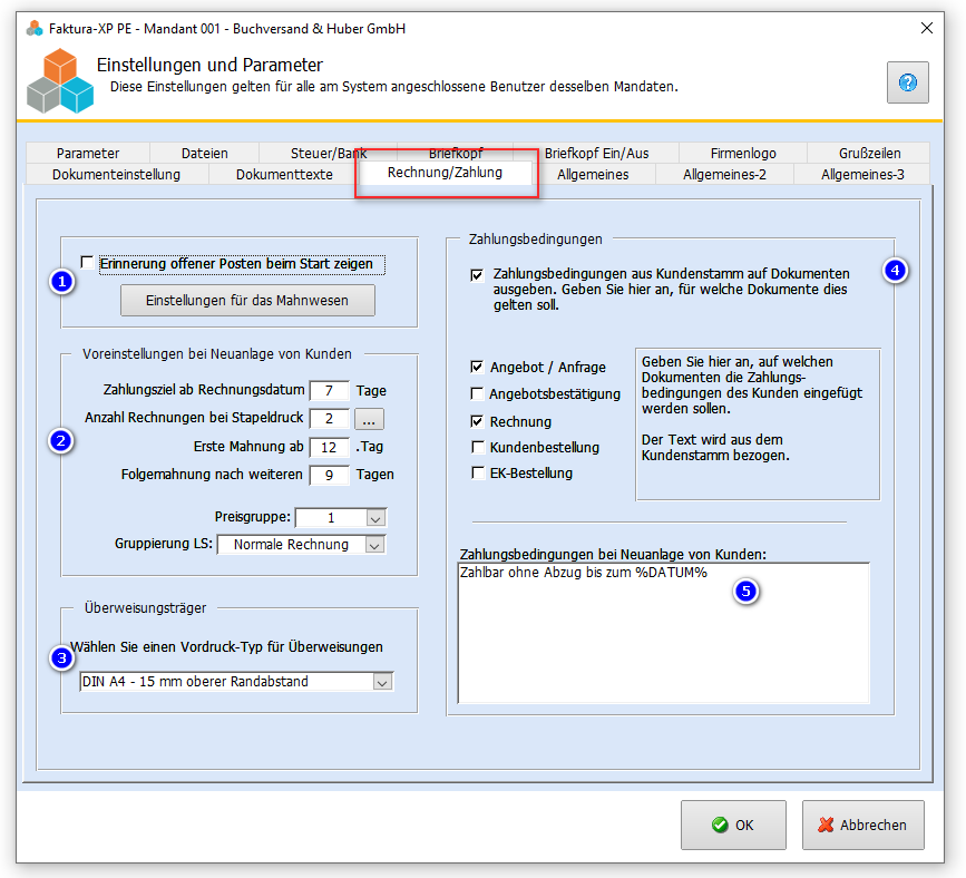 Parameter zu Rechnung und Zahlung in Faktura-XP Warenwirtschaft