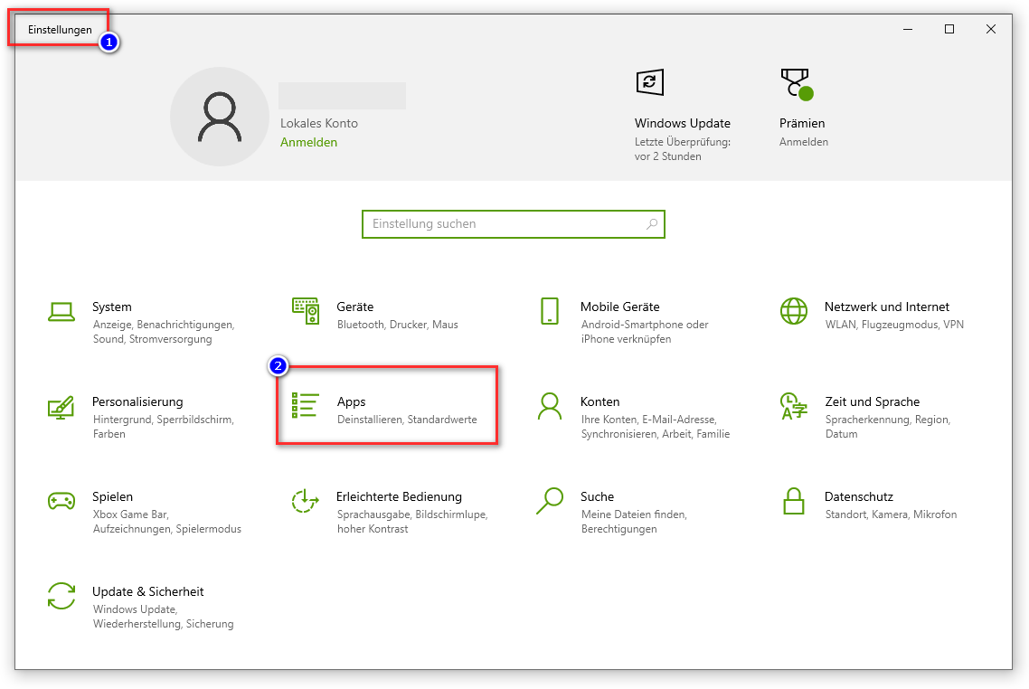 Öffnen sie die Windows Einstellungen und dort wählen sie "Apps" aus.