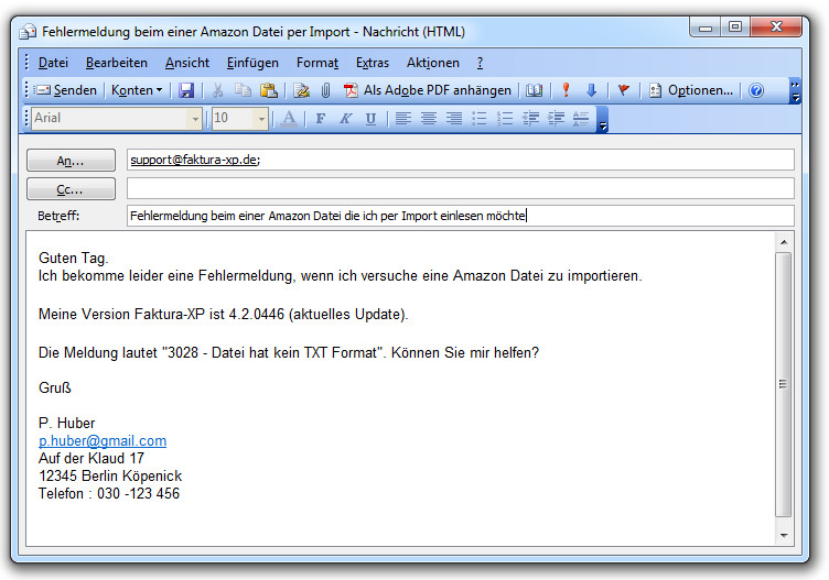 Email als Support Anfrage an Faktura-XP