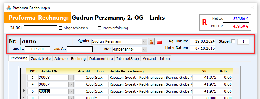 Mindestangaben in einer Proformarechnung in Faktura-XP Warenwirtschaft