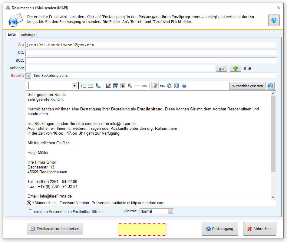 Emailversand in Faktura-XP Warenwirtschaft