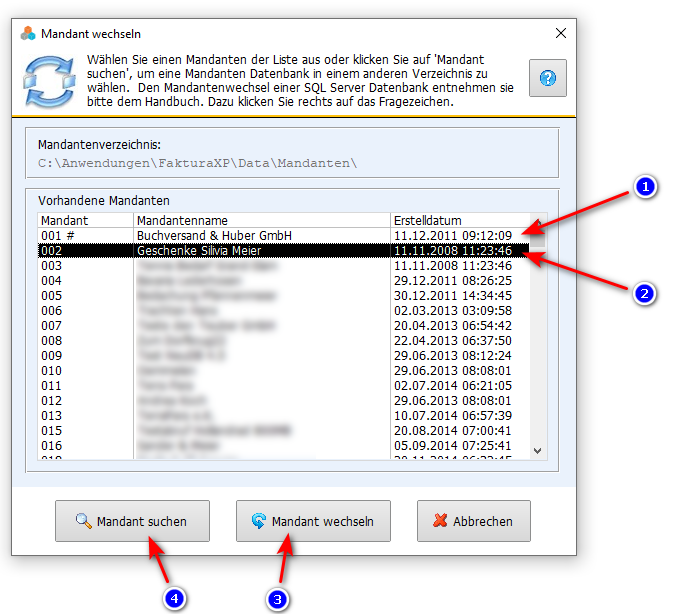 Mandant wechseln Dialog in Faktura-XP Warenwirtschaft - Dateidatenbank