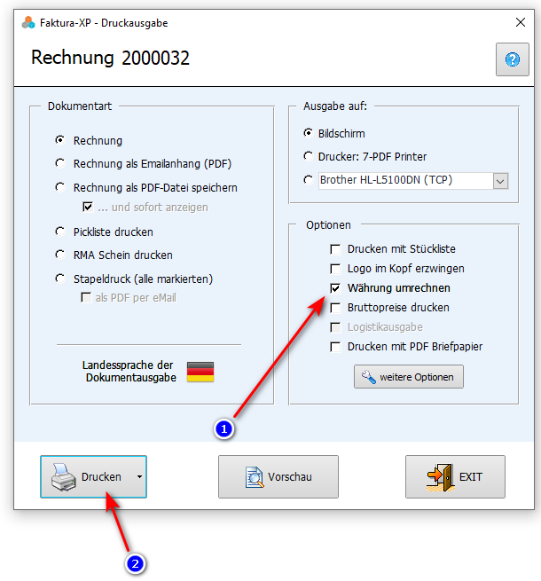 Umrechnung einer Fremdwährung und Drucken in einer Rechnung aus Faktura-XP Warenwirtschaft