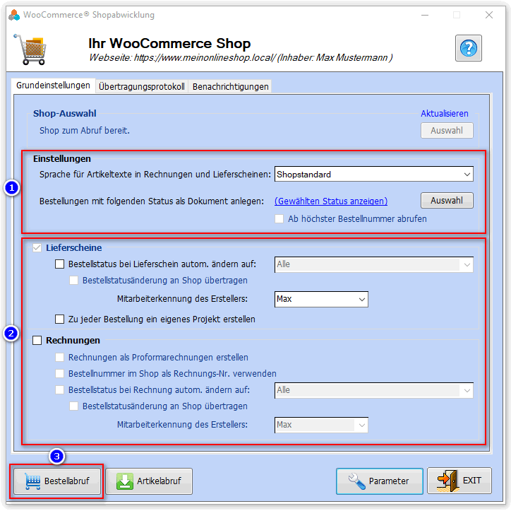 Übersicht Schnittstelle WooCommerce, Einstellungen zur Anpassung des Abrufverhaltens Bestellungen in Faktura-XP Warenwirtschaft