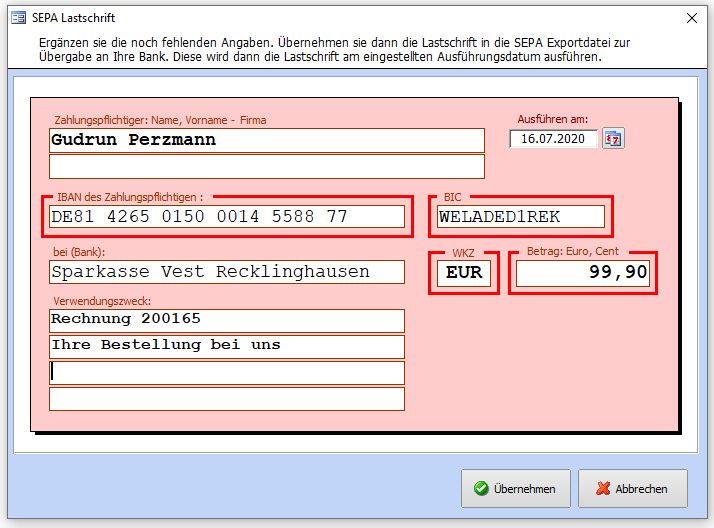 Beispiel der Eingabe einer SEPA Lastschrift direkt aus der Rechnungsliste