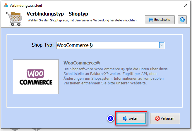 Bestätigen der Auswahl Schnittstelle WooCommerce in Faktura-XP Warenwirtschaft
