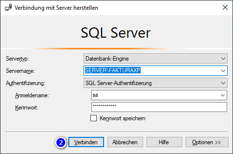 Dialog innerhalb Microsoft SQL Server Management Studio zur Anmeldung an einem Microsoft SQL Server