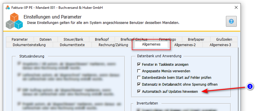 link=https://handbuch.faktura-xp.de/Datenbankparameter#Registerkarte:_AllgemeinesAutomatische Updateanzeige in Faktura-XP Warenwirtschaft aktivieren