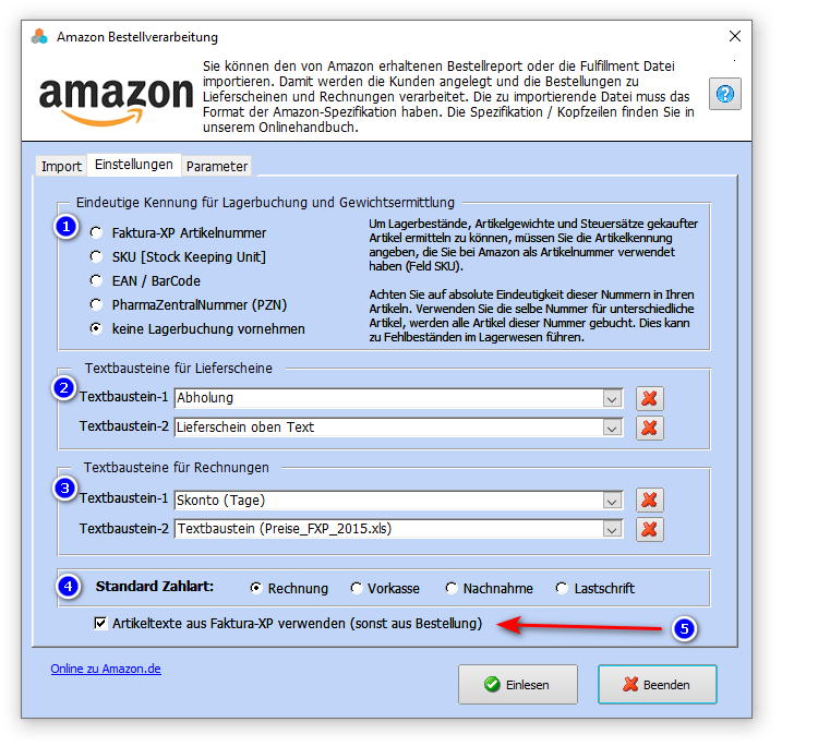 Einstellungen für die Amazon Bestellverarbeitung