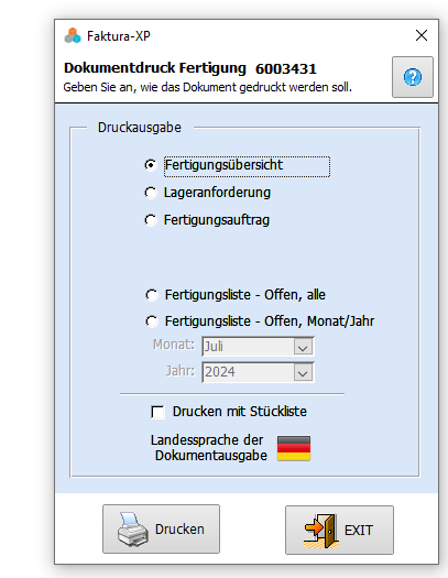 Drucken einer Fertigungsübersicht für einen Fertigungsauftrag in Faktura-XP Warenwirtschaft