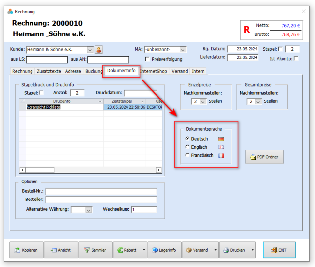 Landessprache im Dokument in Faktura-XP Warenwirtschaft einstellen