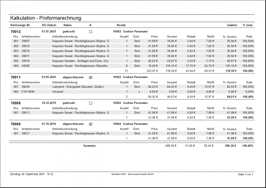 Kalkulationsbericht der Proformarechnungen eines Kunden. Kundenauswertungen Faktura-XP Warenwirtschaft